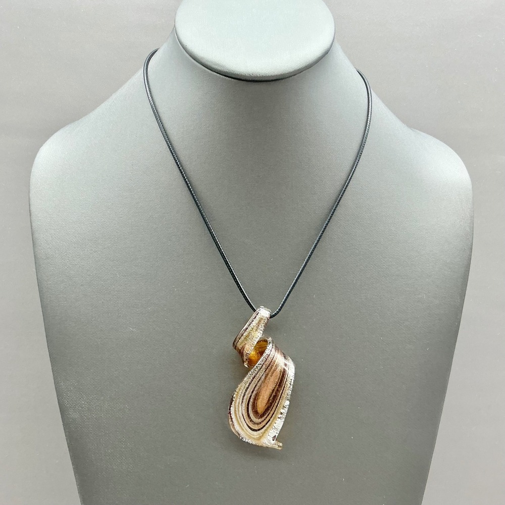 Murano Style Glass Pendant Necklace Women Brown Gold Tone Swirl Cord Adjustable